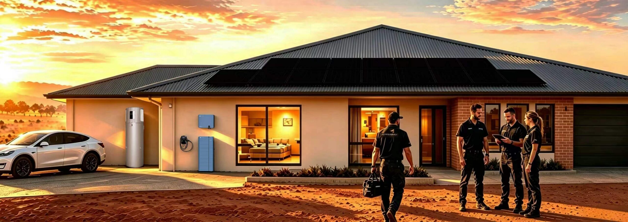 PowerBay installation team outside a home with solar panels, battery, EV charger and heat pump