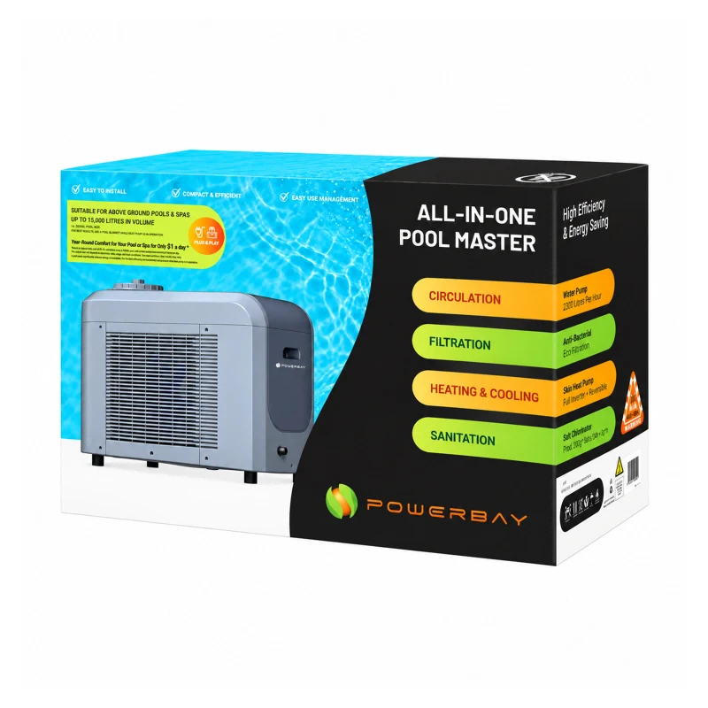 pool heater package PowerBay Pool Master all-in-one pool heat pump retail packaging with product image and features