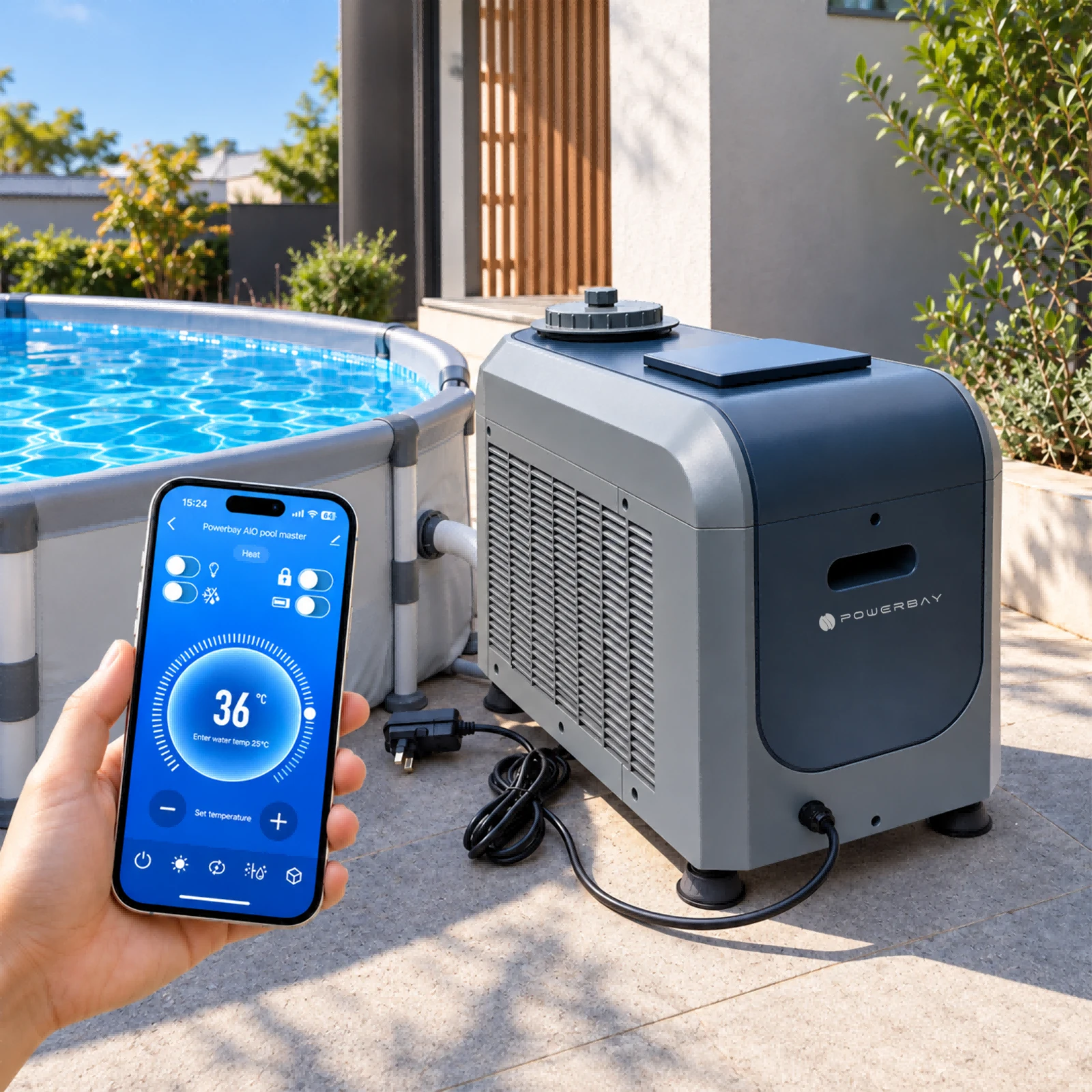 pool heater5 PowerBay Pool Master all-in-one pool heat pump beside an outdoor swimming pool with smartphone control