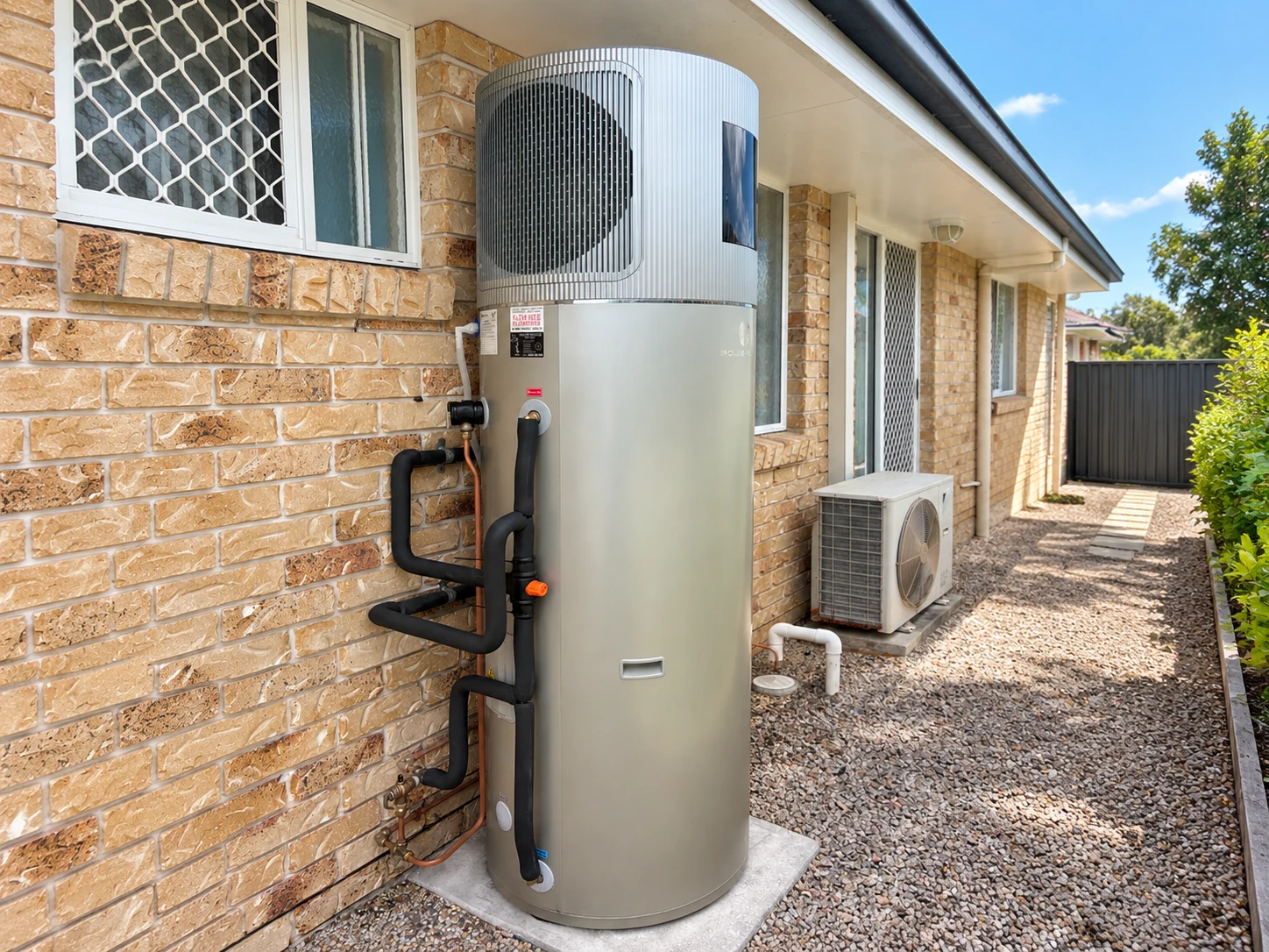 PowerBay 270L Gen III heat pump hot water system installed beside a brick Australian home
