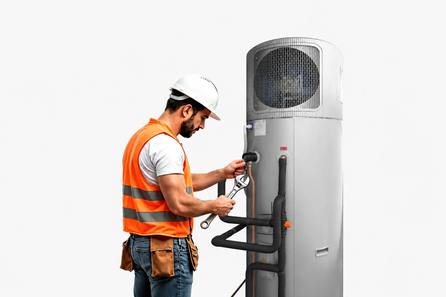 Qualified installer inspecting the plumbing and electrical connections of a PowerBay 300L heat pump hot water system in Australia.